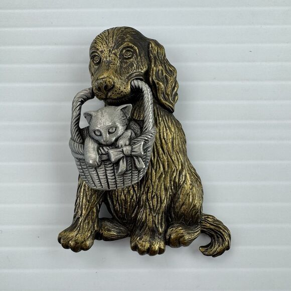 JJ Jonette Jewelry Dog Holding Cat in Basket Pin Brooch Vintage Signed - Picture 7 of 10